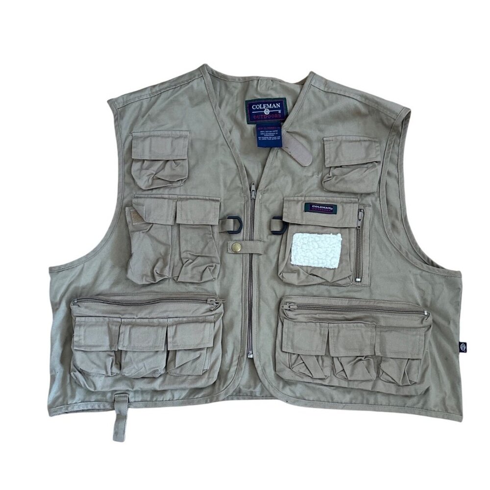 Coleman Outdoors Fishing Hunting Vest Mens XL Tan Multi-Pocket 100% Cotton VtgCo